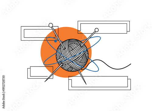 Black and white yarn ball with knitting needles piercing through, bold orange halo behind and blue orbit lines wrapping around like thread motion, abstract