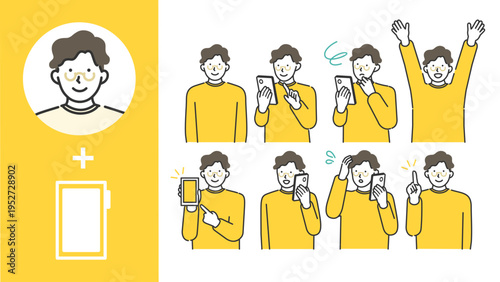 Young man holding smartphone illustration collection showcasing daily digital lifestyle activities such as mobile gaming and food delivery service engagement for modern consumer solutions