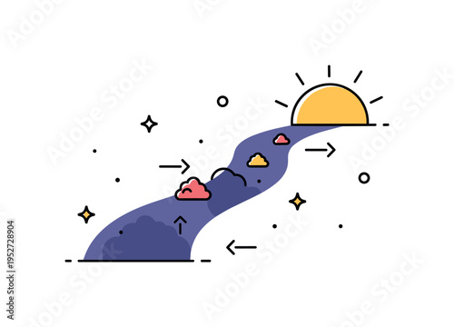 Emotional recovery journey symbolized by a winding path leading from shadowed shapes toward a rising sun, expressing gradual healing and renewed perspective