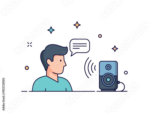 Voice assistant interaction person silhouette speaking toward a small smart speaker with subtle sound wave accents, conveying hands free control and intuitive