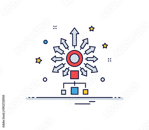 Concentration of political power concept showing multiple small arrows converging toward a central bold icon, representing centralization and influence
