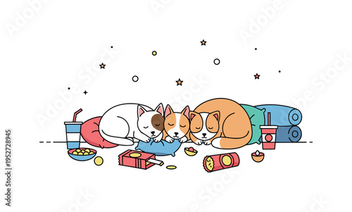 Pets joining the family movie marathon by curling up on the floor among snacks and cushions, showing warmth and companionship. Minimalist flat vector