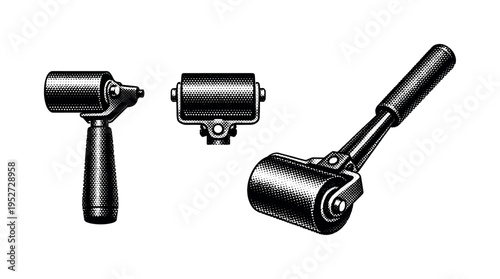 Industrial carton sealing roller tool shown in three views: side view with handle and roller head, front view showing the cylindrical roller, and angled