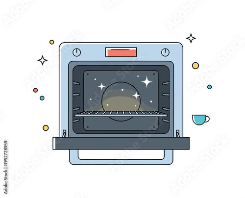Fresh and spotless oven interior open oven glowing softly with subtle shine stars inside, conveying cleanliness and readiness for cooking. A satisfying