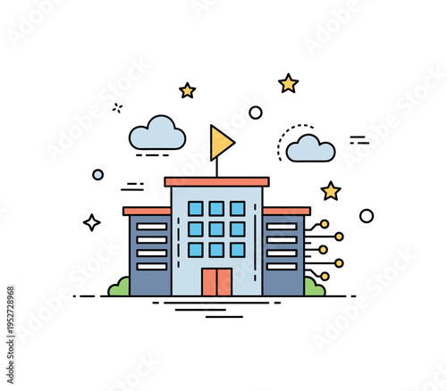 Business expansion digital transformation theme illustrated by a company building icon combined with small cloud and circuit accents. A forward looking