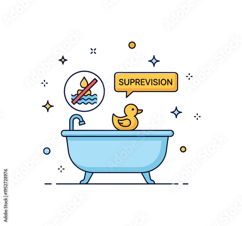 Home water safety reminder illustrated by a bathtub with a small rubber duck and visible supervision symbol above it, communicating caution and responsibility