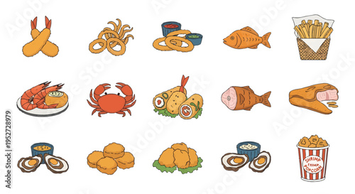 Fried Seafood Icons Set: Shrimp Tempura, Calamari Rings, Fish and Chips, Crab, and Oysters Illustration