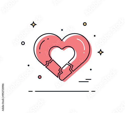 Hollow heart emotional metaphor illustrated by a heart outline with an open center and subtle crack lines along the edges. A minimal editorial symbol