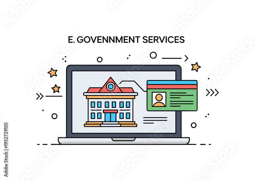 E government services platform represented by a laptop screen displaying a simplified civic building and digital ID card, symbolizing accessible public
