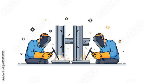 Workers welding aluminum components with sparks gently flying, creating a dynamic yet controlled scene of creativity and technical skill in metal fabrication.