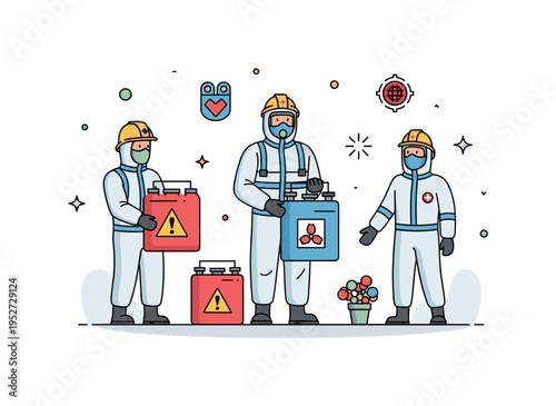Emergency response team with medical responders in protective suits handling hazardous material containers, highlighting safety protocols and emergency