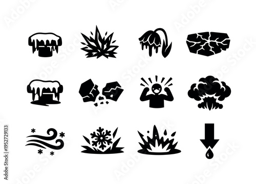 Extreme Cold Effects. Solid icon set of extreme cold effects: instant freezing icon, ice crystal burst, frozen flower, cracked frozen surface, frost covered