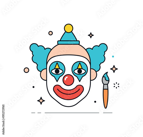 Clown stage makeup theme featuring a friendly theatrical face with bold contrasting shapes and a small paintbrush icon nearby, expressing playful exaggeration
