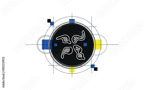 Black and white petri dish viewed from above with abstract DNA fragments inside, geometric circular frames and structured grid overlays, vivid cobalt and