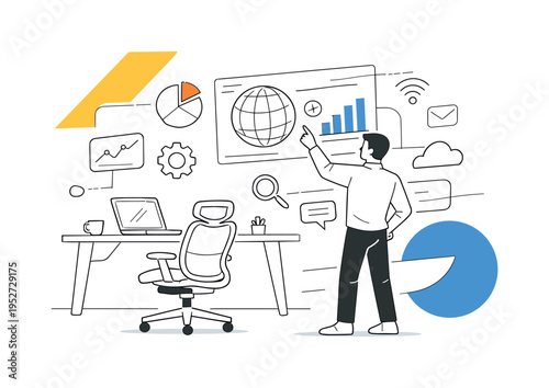 Futuristic office interior with smart technology. Employee interacting with a holographic screen, floating graphs and icons around, sleek ergonomic chair and