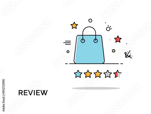 Online review product evaluation theme centered on a simple shopping bag icon paired with a star rating row beneath it. A clear editorial representation of