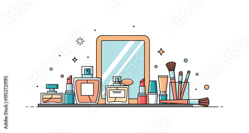 Perfume and cosmetic products display arranged neatly on a vanity with elegant bottles, lipsticks, and brushes, evoking sophistication and personal care.