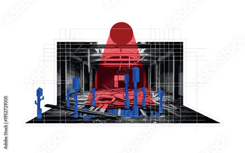 Black and white abandoned warehouse interior with collapsed beams, bold deep red circle above like a dramatic spotlight, cobalt blue geometric blocks forming