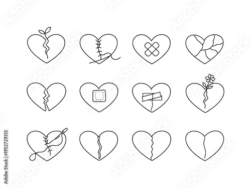 Healing After Heartbreak. Minimalistic set one-line drawing cracked heart with small sprout, stitched heart with thread, heart with bandage cross, mended