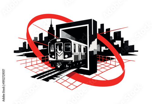 Monochrome subway train emerging from a floating rectangular portal, intersected by red geometric arcs and structured grid lines, fragmented city silhouettes