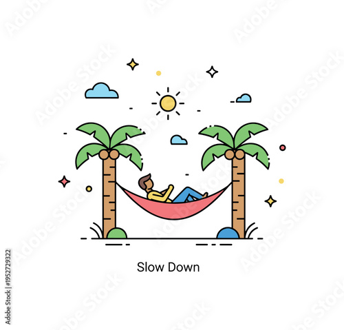 Relaxing in a hammock on a warm summer afternoon with a single person gently swaying between two simplified palm trees. A small sun icon and subtle ?Slow Down?