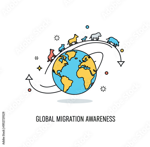 Global migration awareness badge presenting a curved globe line with small animal silhouettes traveling along it, symbolizing worldwide natural movement