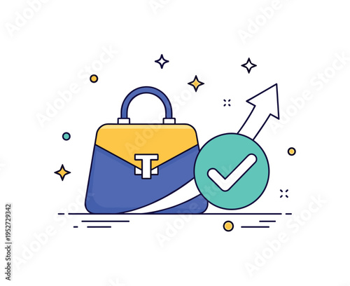 Pre owned luxury market expansion represented by a classic handbag combined with a verification checkmark and subtle upward arrow, communicating trust and