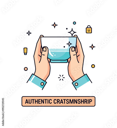 Artisan ceramic craft symbolized by hands lifting a finished small cup with subtle shine marks, expressing pride, accomplishment, and handmade quality. A clean