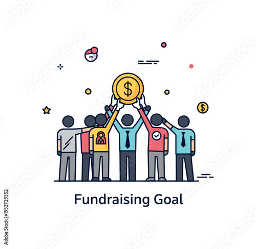 Group achievement charity fundraising milestone illustration featuring a group silhouette holding a small coin icon together, representing collective