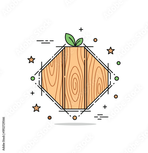 Nature texture inspired layout concept illustrated by a simplified wood grain pattern inside a geometric frame with subtle leaf detail, symbolizing tactile