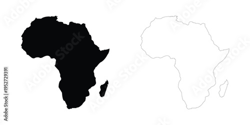 Africa Map Outline and Silhouette Vector Illustration Set with Madagascar Island