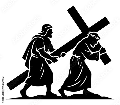 Photography Jesus Christ carrying the heavy cross to Calvary with Simon of Cyrene in silhoue