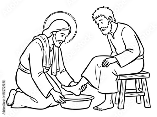 Jesus Christ washing the feet of his disciple in line art style