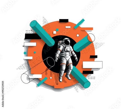 monochrome floating astronaut silhouette drifting in space, framed by bold orange circular frame and teal cylindrical shapes intersecting edges, abstract flat