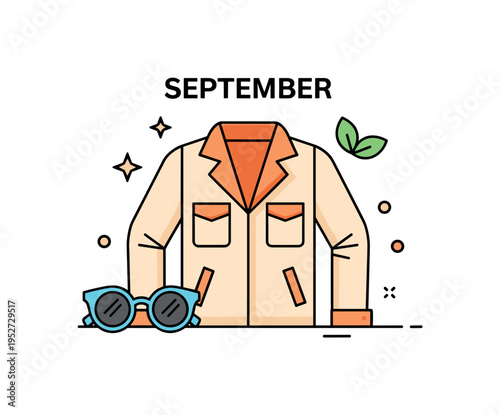 September fashion transition shown as a light jacket paired with sunglasses and a small leaf accent, symbolizing shift from summer to fall wardrobe. A cohesive