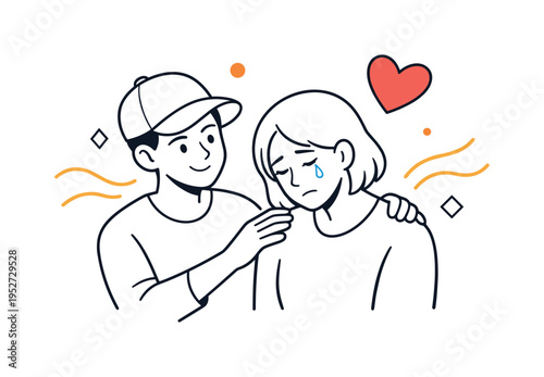 Emotional support and empathy. One person gently placing a hand on a friend?s shoulder, soft reassuring smile, subtle tear on the friend?s cheek, floating