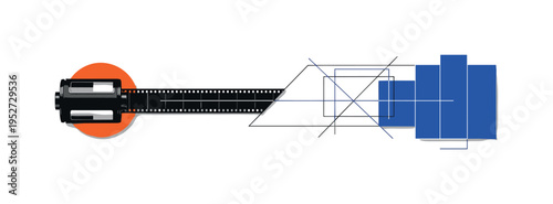 Black and white vintage camera film roll unspooling into abstract geometric strip across frame, bright orange circle anchoring origin point, blue rectangular