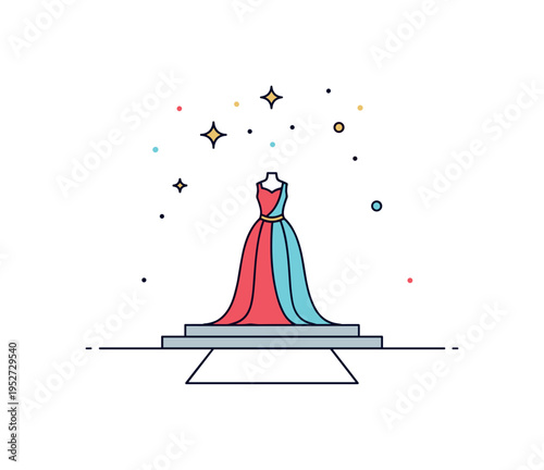 Haute couture presentation elegant gown silhouette displayed on a runway platform with delicate spark accents above. A concise editorial scene expressing