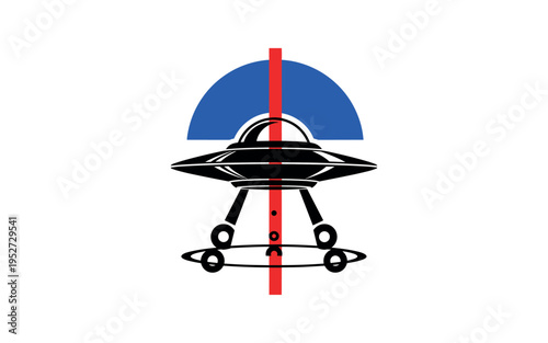 Black and white UFO in side view hovering mid-air, bold electric blue semicircle framing the top of the craft, sharp red vertical stripe cutting through