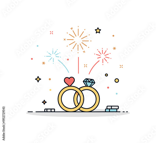 Wedding celebration fireworks featuring delicate spark bursts above two interlocked rings, symbolizing love, commitment and joyful milestones. The scene feels