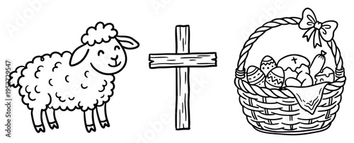 Sheep wooden cross and easter food basket outline in hand drawn doodle style