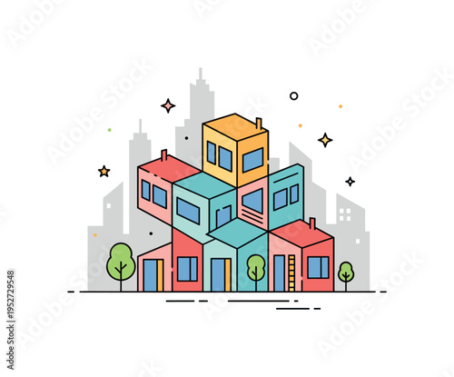Urban infill modular housing compact multi-unit structure formed from repeating geometric blocks placed within a simplified city skyline. A modern concept