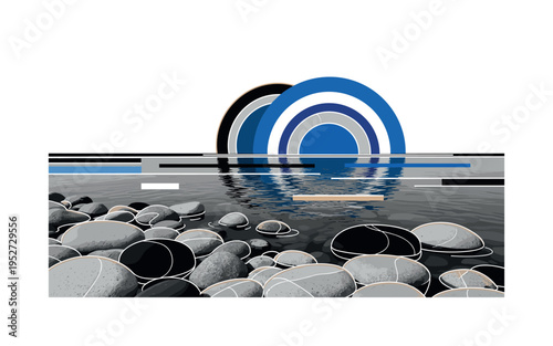 Black and white rocky riverbank with smooth stones in the foreground, bold concentric circles expanding across the water surface, minimal linear accents