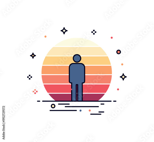Quiet watch at sundown depicted by a solitary upright figure silhouette with subtle horizon layers fading into evening tones. The balanced badge-style layout