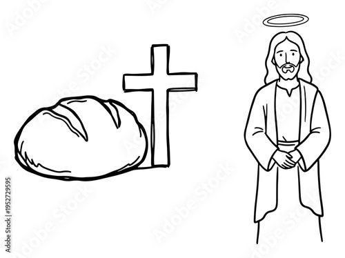 Jesus Christ standing with cross and loaf of bread in hand drawn doodle style