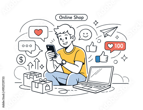 Social media business promotion. A young entrepreneur holding a smartphone while social media icons, likes and message bubbles float around, small product