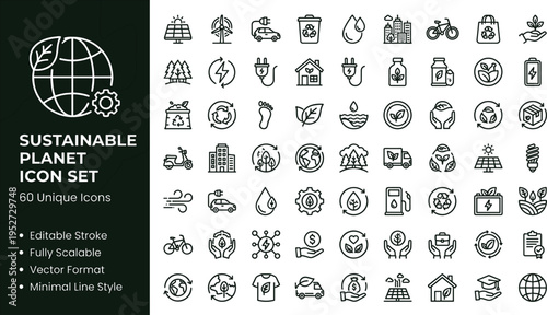 Sustainable Planet Line Icon Set Featuring Renewable Energy Ecology Environment Recycling And Green Technology For Eco Friendly Applications