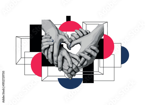 A monochrome heart shape formed by intertwined realistic hands of different ages, structured geometric blocks and semicircles surrounding them for balance,