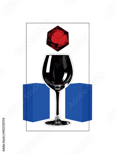 Black and white empty wine glass with geometric red liquid shape hovering above instead of inside, cobalt blue blocks anchoring the base visually, thin elegant