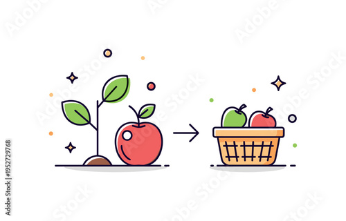 From garden to table progression illustrated through a growing plant leading to a ripe fruit placed beside a small basket icon, expressing cultivation,